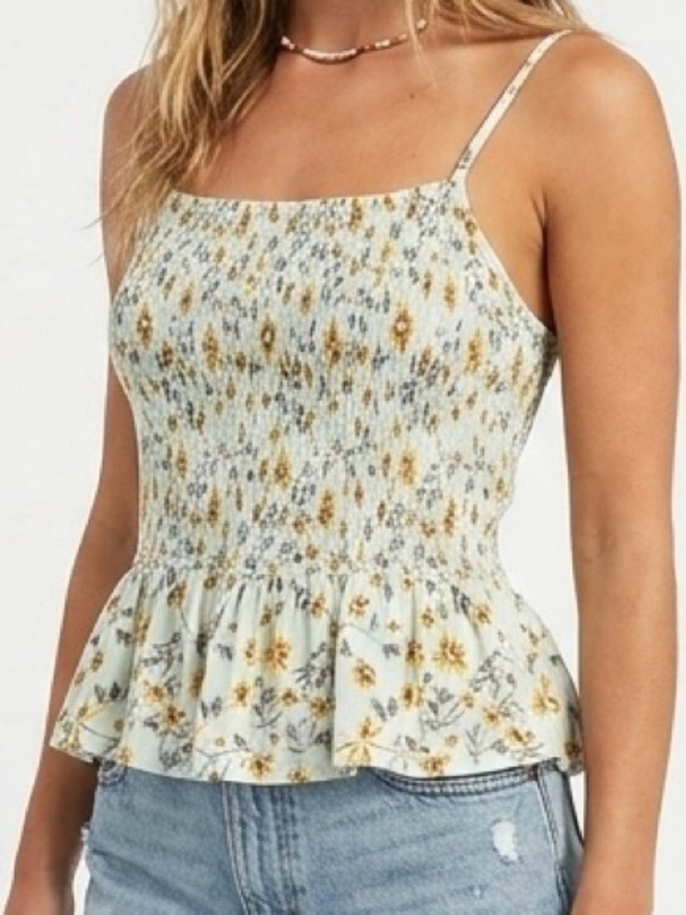 Angie Smocked Floral Peplum Tank Top Size M Boho Cottagecore